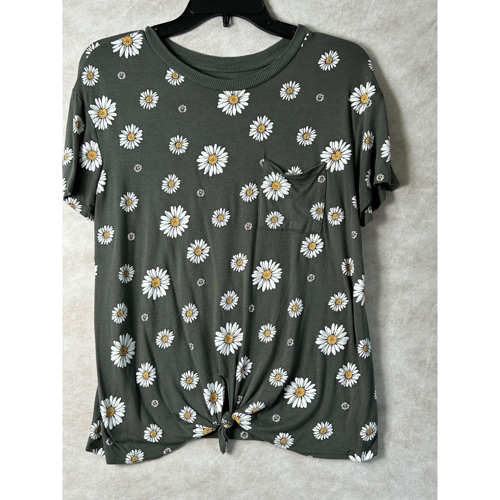 No Boundaries Womens Olive Green Daisy Floral Tie Front Pocket T-Shirt Size S